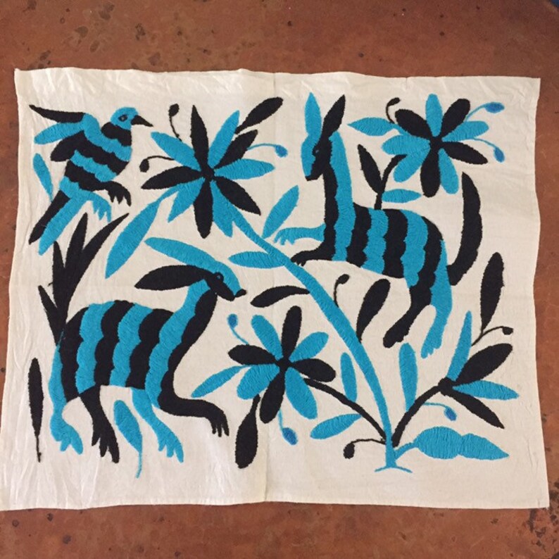 Turquoise and Black approx. 17 x 13 Hand embroidered Otom\u00ed placemat frame-able art