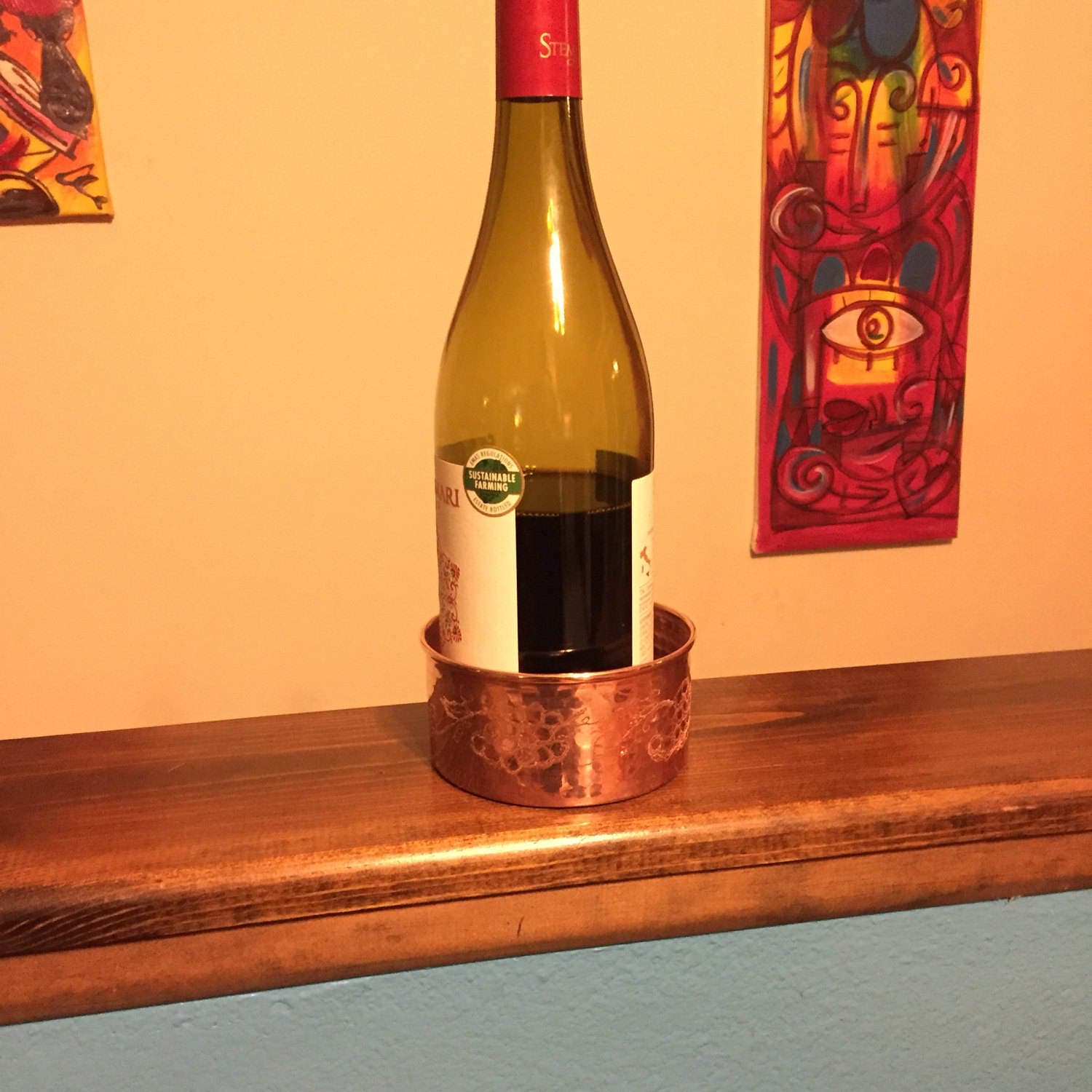 Hammered Copper wine bottle coaster with grapevine design (4 diameter)