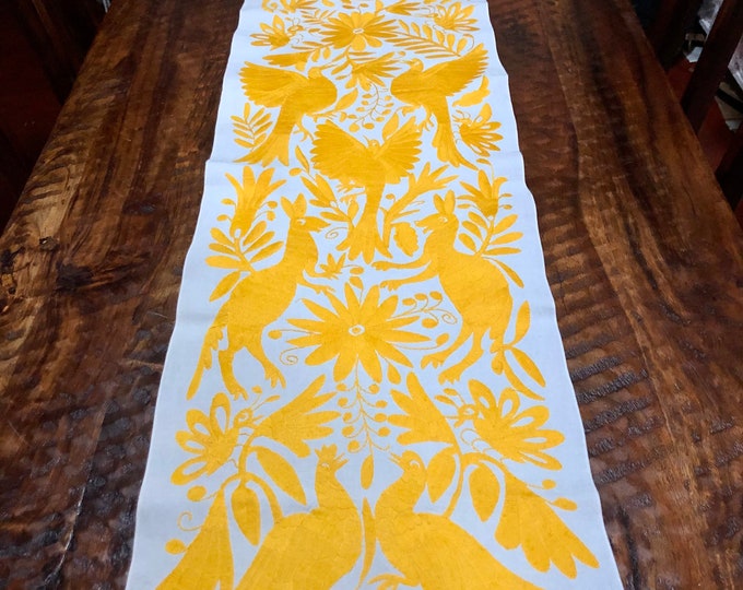 Otomi Hand Embroidered Table Runner / Bed Scarf / Frame-able Art with Yellow Embroidery (approx. 73” x 17”)