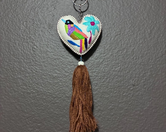 Hand embroidered Otomi heart ornament / keychain from Hidalgo, Mexico.