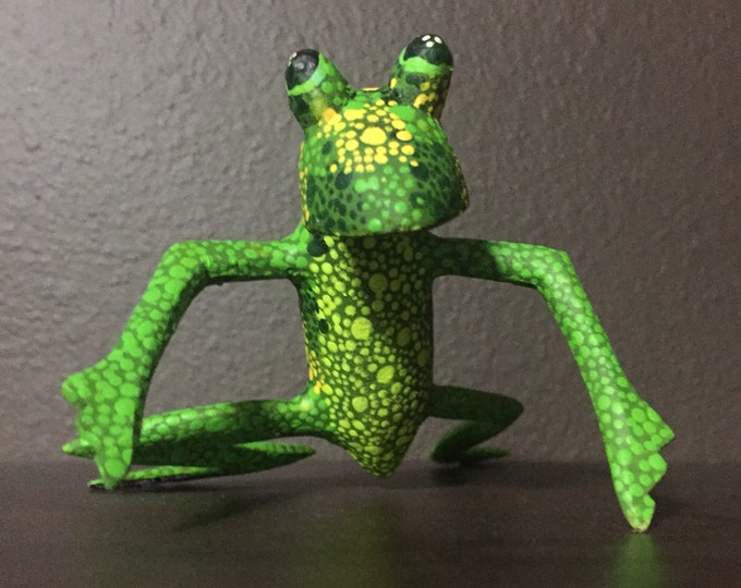 Hand Carved Wood Alebrije Green Frog by Zeny and Reyna Fuentes