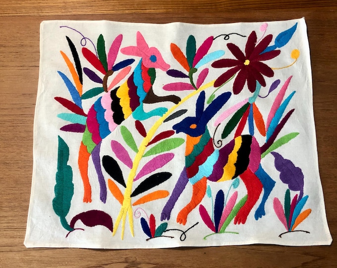 Hand embroidered Otomí placemat/frame-able art (approx. 16.5” x 13.5") - multicolor spirit animals and flowers.