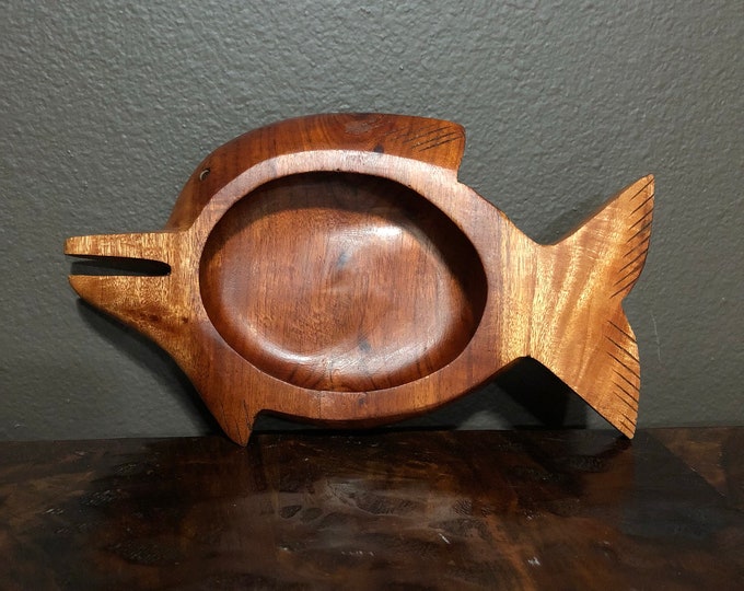 Hand carved wood dolphin shaped serving tray made with Guamuchil wood from Mexico