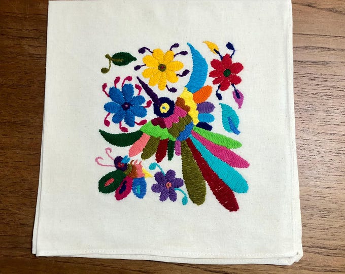 Otomi hand embroidered approx. 17” x 17" muslin napkin - with bird multi-colored