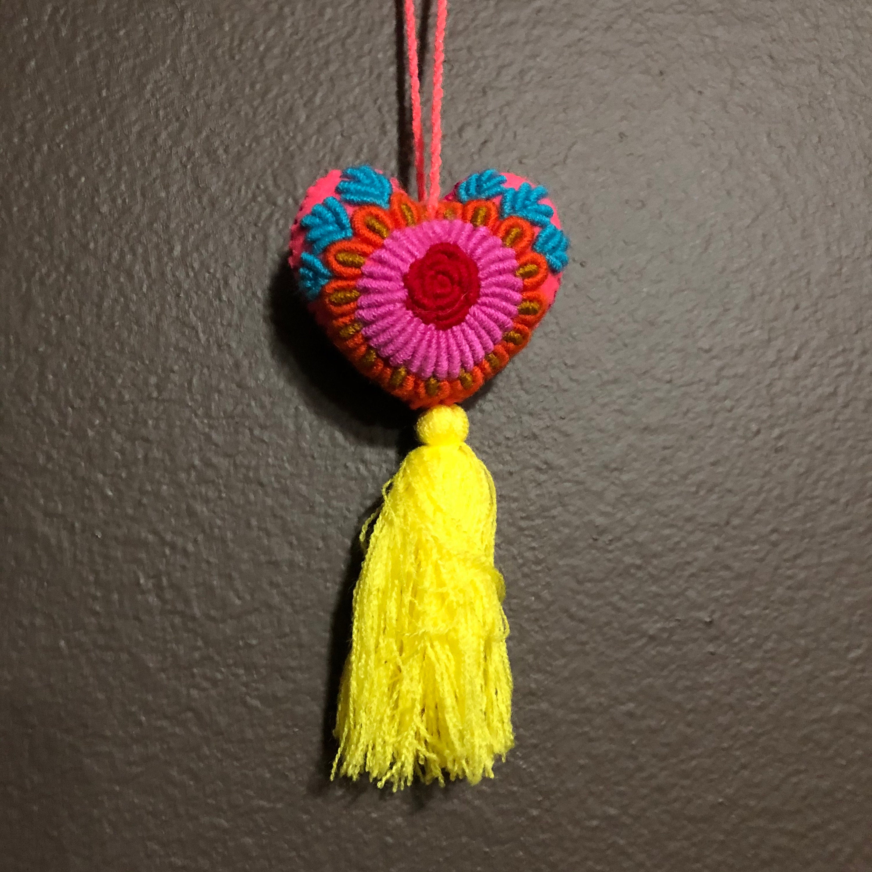 Hand Sewn Wool Felt Hanging Heart Ornament with Cotton Embroidery