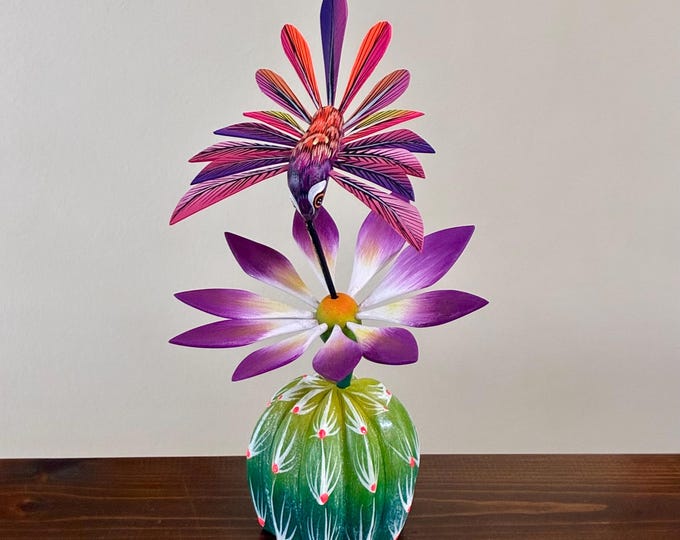 Handcrafted Alebrije Flowering Cactus with Hummingbird Woodcarving from Oaxaca, Mexico