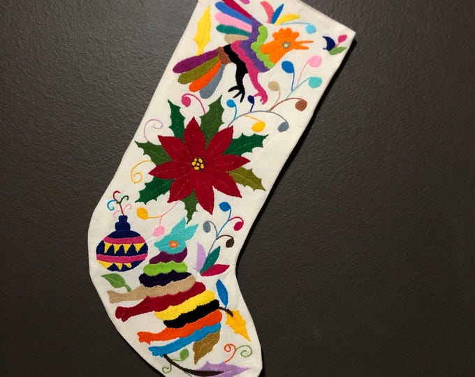 Hand Embroidered Otomi Christmas Stocking: Multicolor Embroidery Animals and Flowers