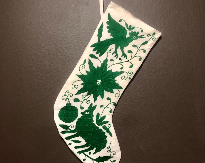 Hand Embroidered Otomi Christmas Stocking: Green Embroidery