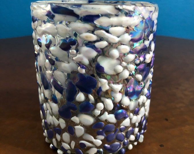 Hand Blown Short Tumbler Lowball Glass (10oz) - Blue and White Confetti Design