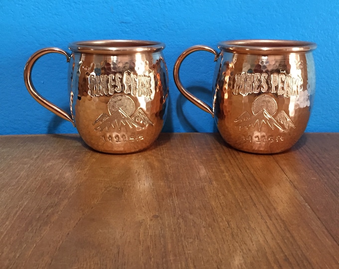 2-pack of 16oz Moscow Mule Hammered Copper Barrel Mug with Pikes Peak and mountains logo