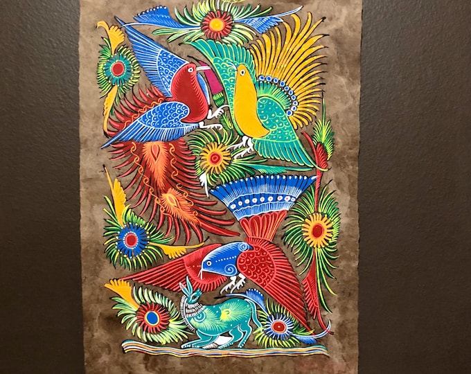 Amate Paper Wall Art with Birds, Animals and Flowers by Andrés de la Loma (Pahuatlán Puebla Mexico)