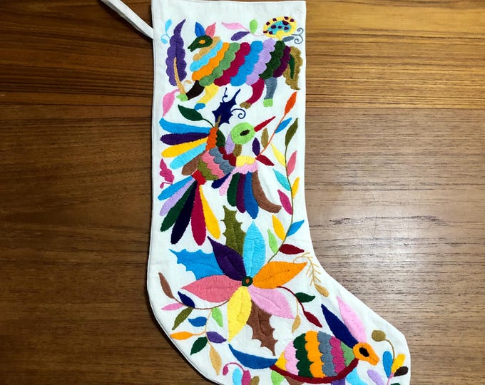 Hand Embroidered Otomi Large Christmas Stocking with Multicolor Embroidery from Hidalgo, Mexico (Off-White Cotton)
