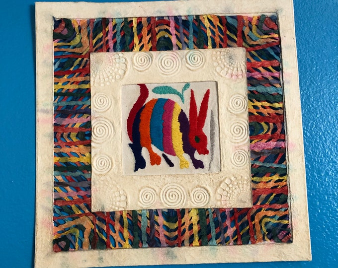 Amate Bark Paper Wall Art with Otomí Embroidered Designs - 11 3/4” x 11 3/4”
