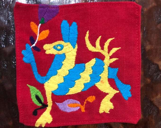Otomi hand embroidered muslin coaster/cocktail napkin/frame-able art with multicolor animal design approx.  (4.5” x 4.5”)