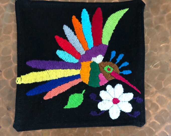 Otomi hand embroidered muslin coaster/cocktail napkin/frame-able art with multicolor bird design approx.  (4.5” x 4.5”)