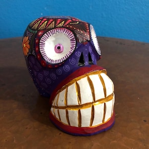 Alebrije Calavera Skull Handcrafted Wood Carving by Luis Garcia from Oaxaca, Mexico.