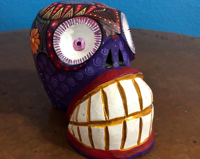 Alebrije Calavera Skull Handcrafted Wood Carving by Luis Garcia from Oaxaca, Mexico.