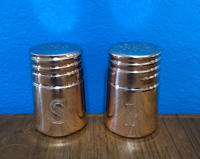 Pure Copper Salt and Pepper Shakers with hand engraved S & P.