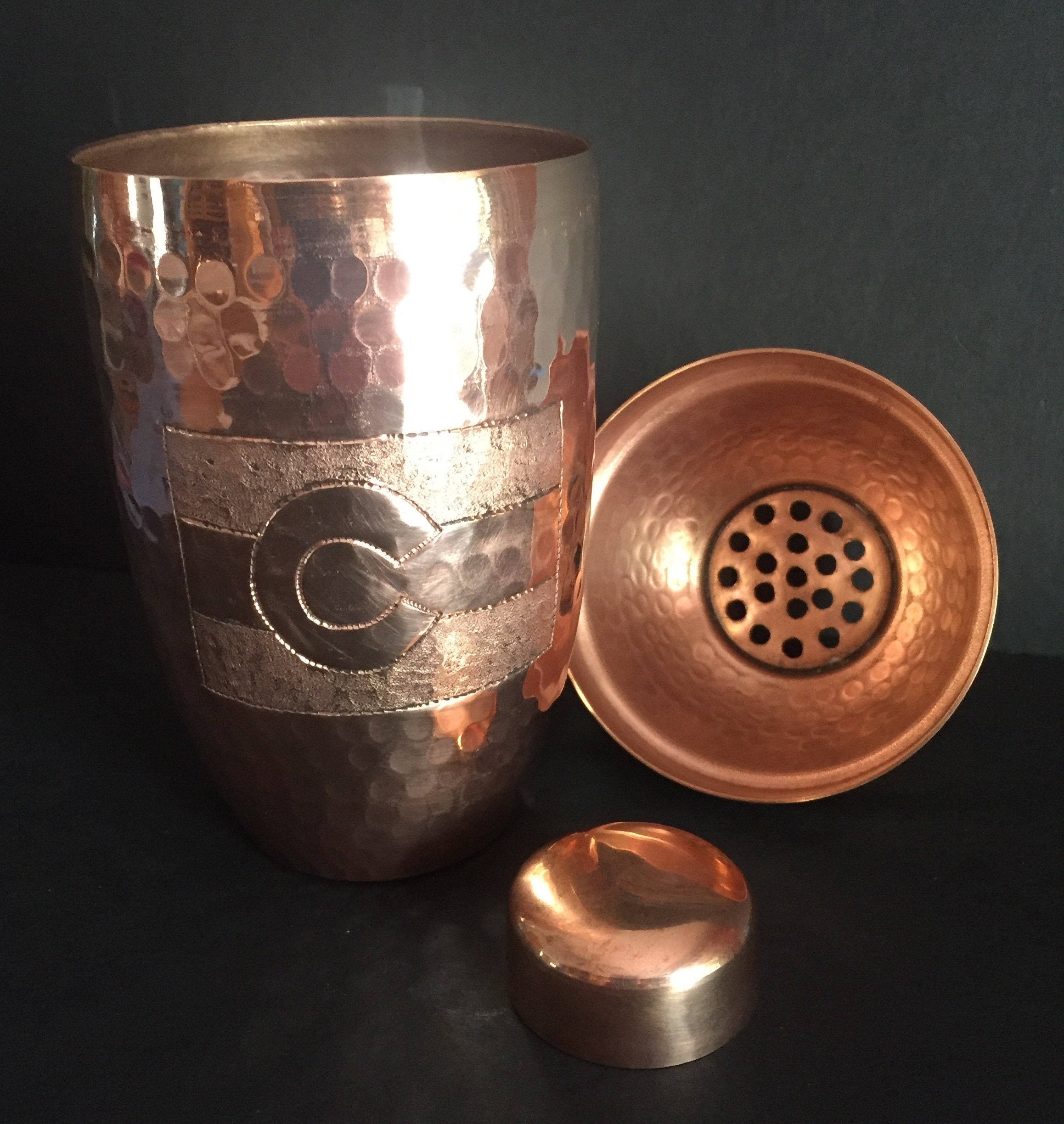 Pure Hammered Copper Cocktail Shaker with hand engraved Colorado Flag logo