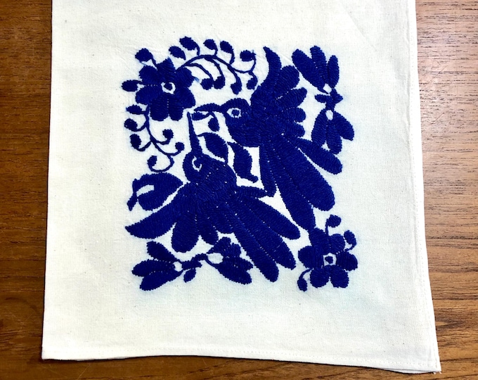 Otomi hand embroidered approx. 17” x 17" muslin napkin - with blue birds