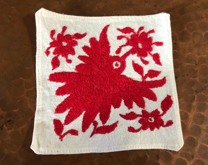 Otomi hand embroidered muslin coaster / cocktail napkin / frame-able art with red bird and flowers.