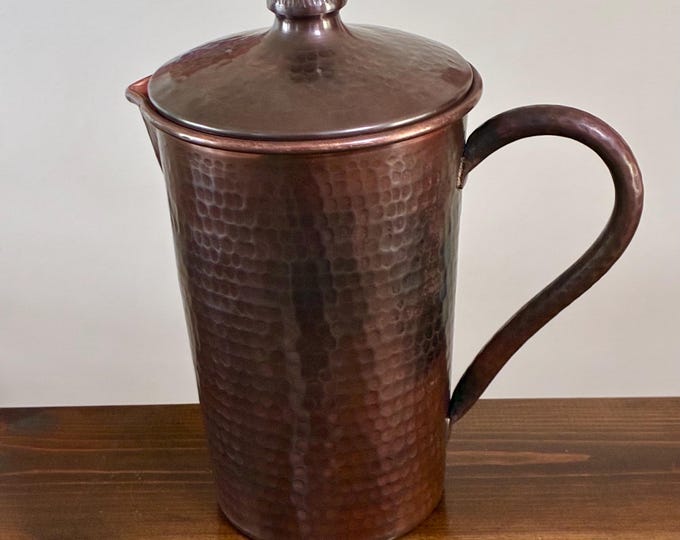 Hand Hammered Copper Pitcher with Brown Patina and Lid - 2.5 Liters