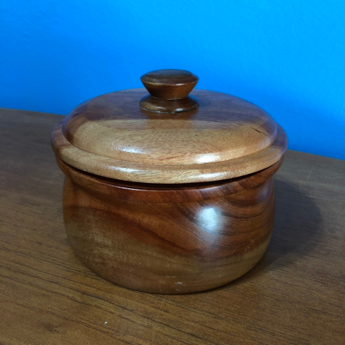Hand carved wood serving bowl with lid made of Guamuchil wood from Mexico