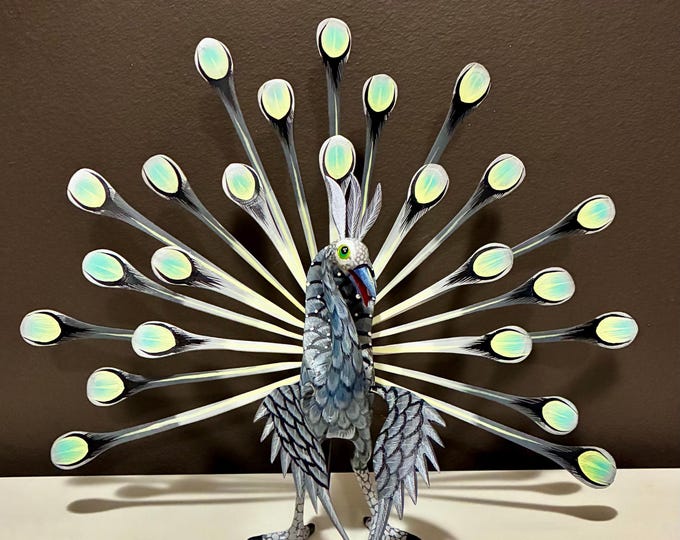 Alebrije Large Peacock Handcrafted Wood Carving by Esperanza Martinez from Oaxaca, Mexico.