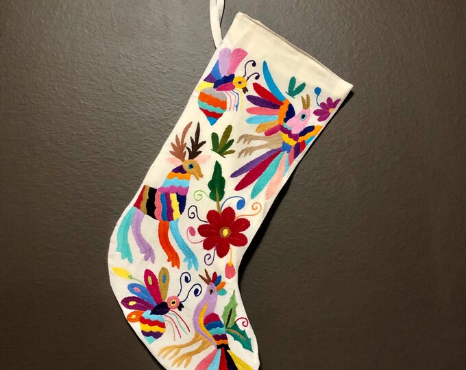 Hand Embroidered Otomi Large Christmas Stocking with Multicolor Embroidery from Hidalgo, Mexico (Off-White Cotton)