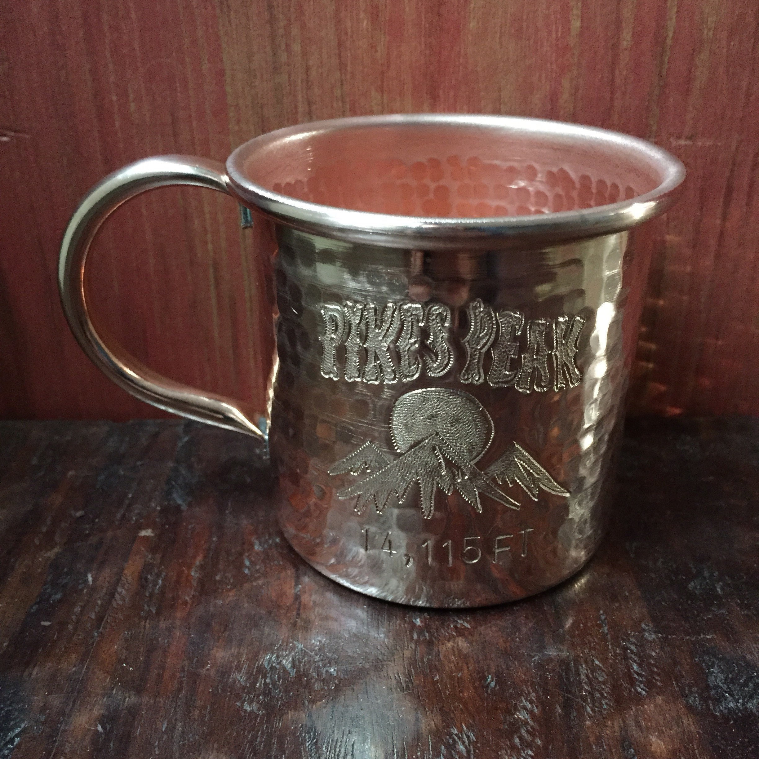 12oz Handcrafted Moscow Mule Pure Copper Hammered Mug w/ Pikes Peak Mountain Scene Engraving