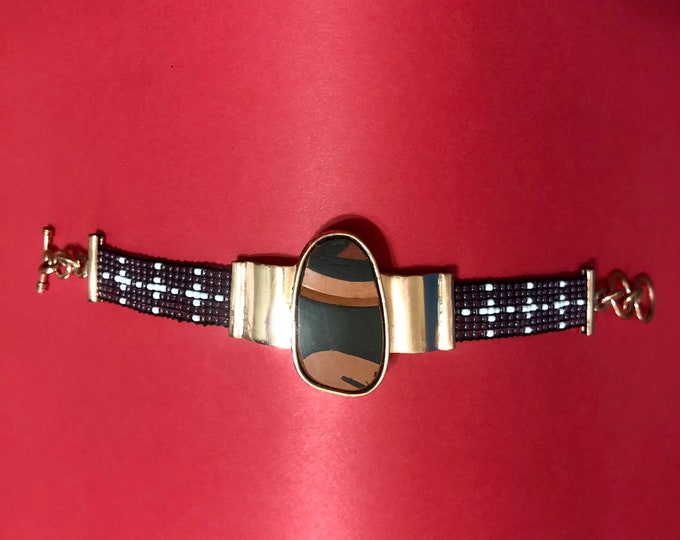 One of a Kind Mata Ortiz Beaded Bracelet - pottery shard set in Ornate Copper Bezel with beaded band - approx. 8”