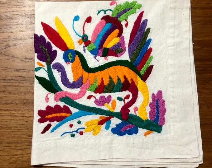 Otomi hand embroidered 19" x 19" muslin napkin - with spirit animal - multi-colored