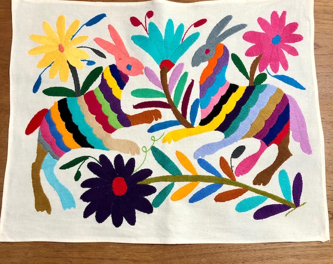 Hand embroidered Otomí placemat/frame-able art (approx. 17” x 13") - multicolor spirit animals and flowers.