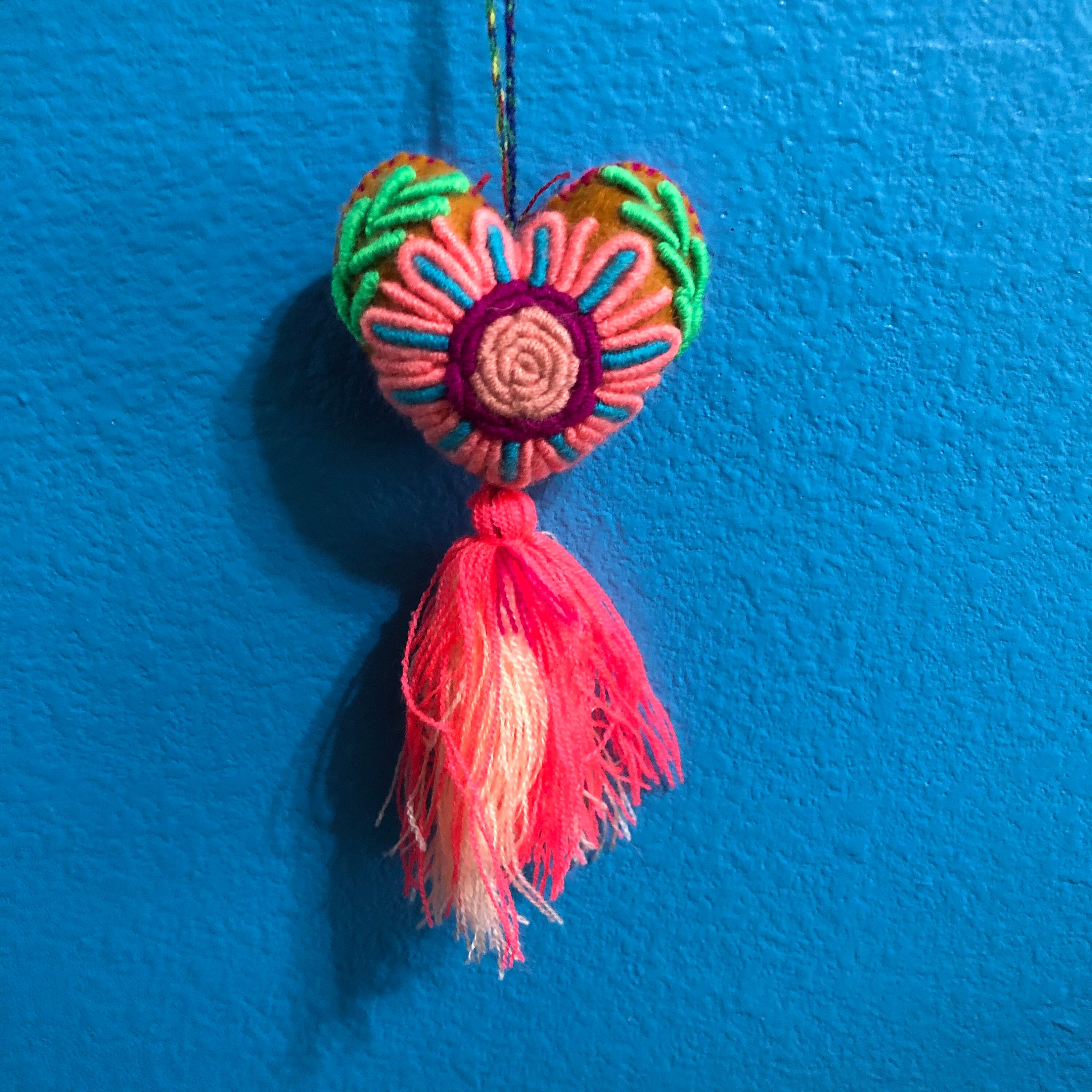 Hand Sewn Wool Felt Hanging Heart Ornament with Cotton Embroidery