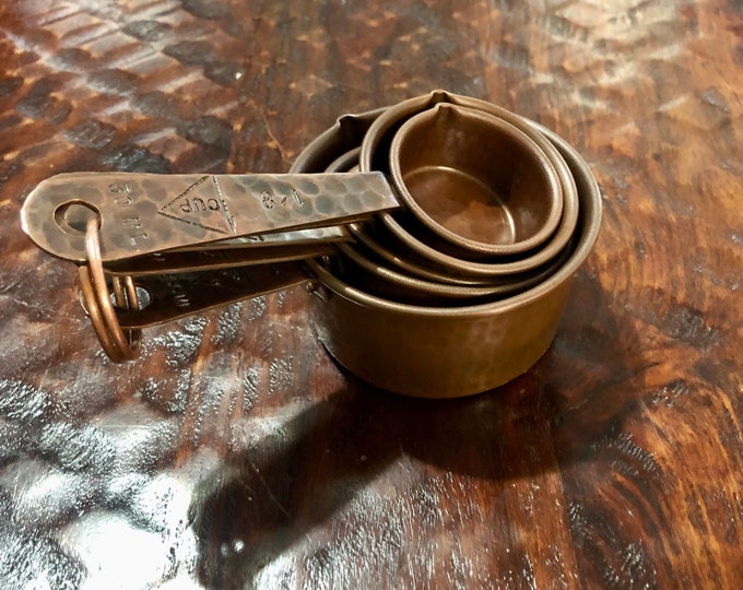 Handcrafted Hammered Copper 5-Piece Measuring Cup Set with Hand Engraved Measurements - Brown Patina