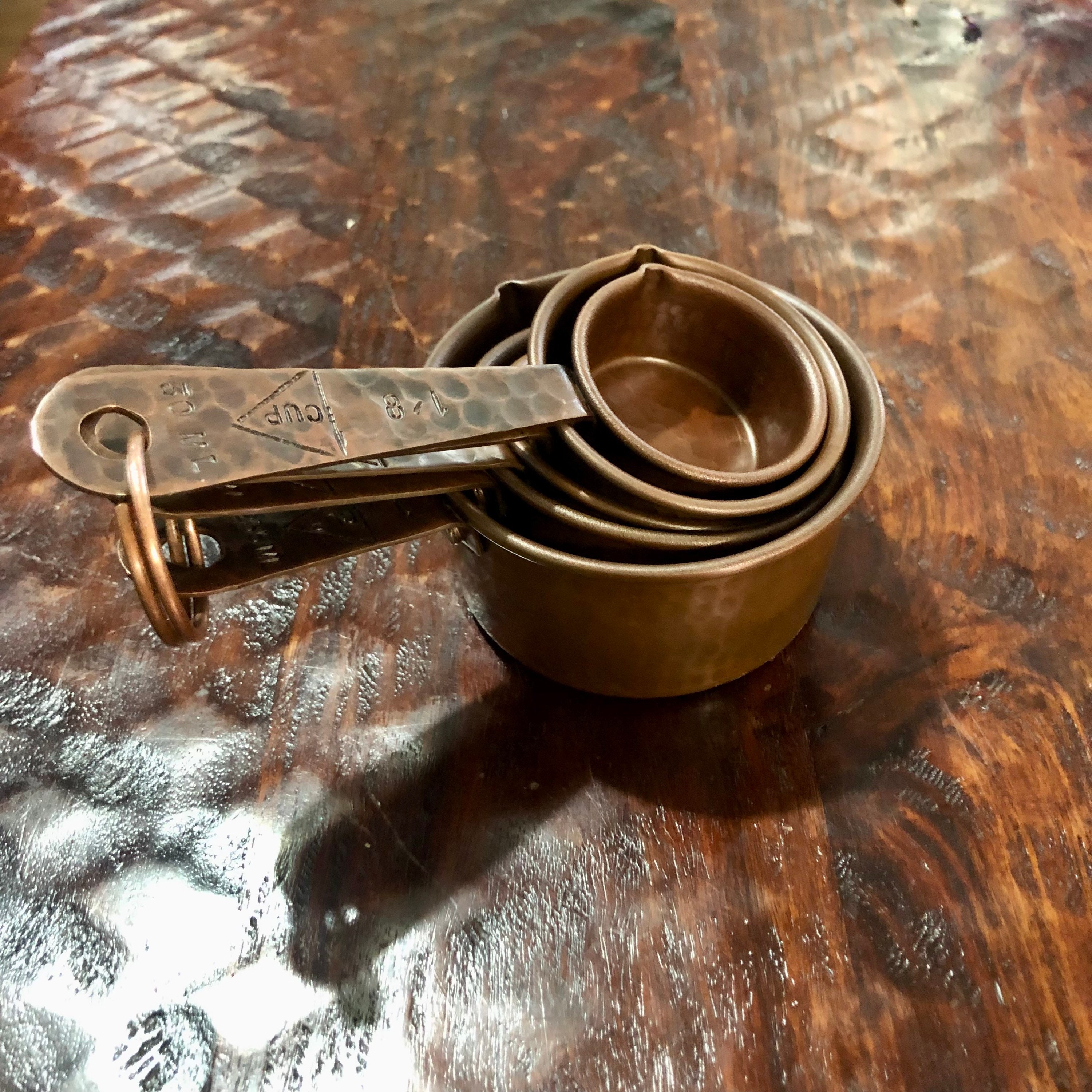 Handcrafted Hammered Copper 5-Piece Measuring Cup Set with Hand Engraved  Measurements