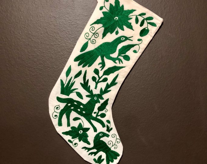 Hand Embroidered Otomi Christmas Stocking: Green Embroidery