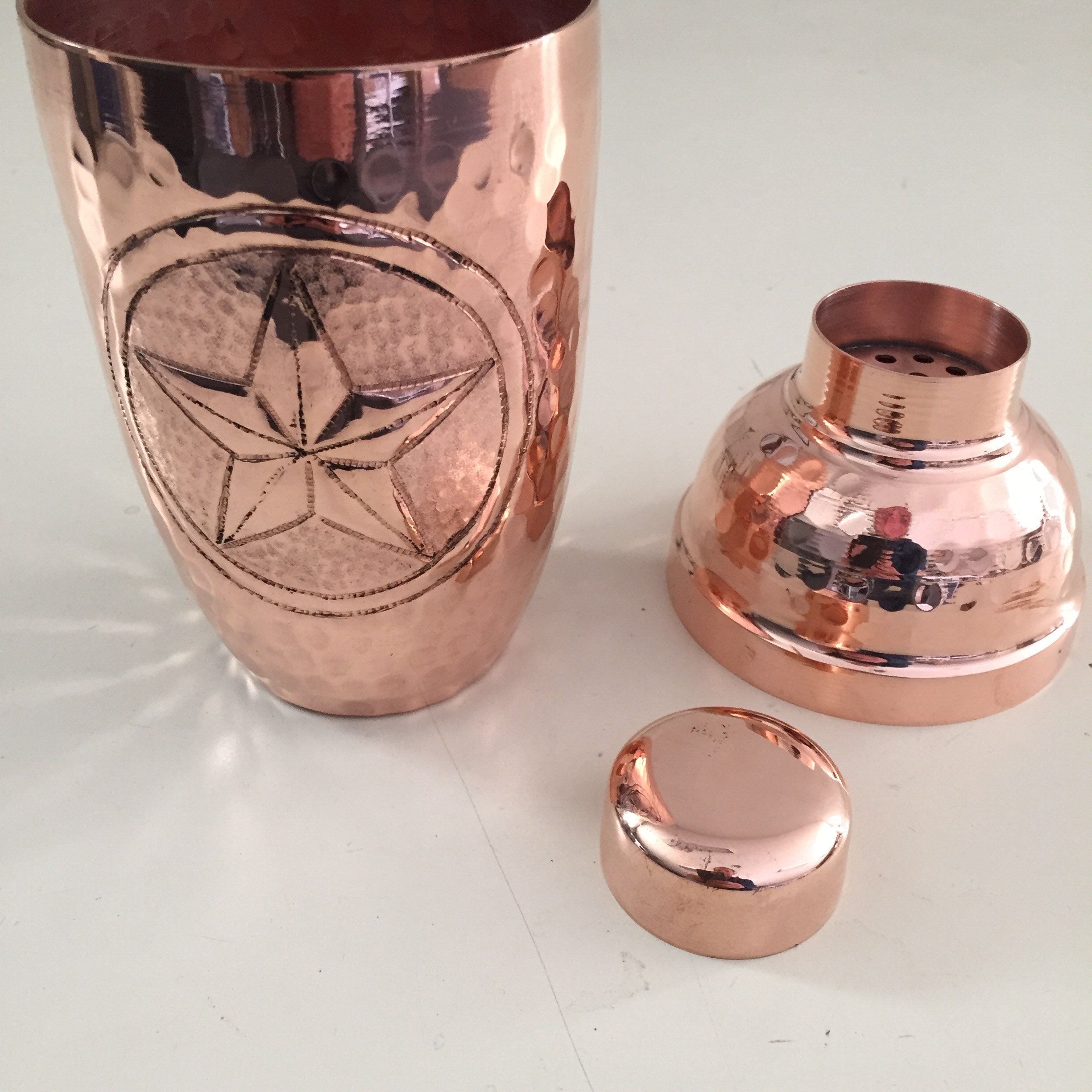 Pure Hammered Copper Cocktail Shaker with Texas Star engraving