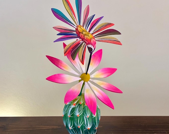 Handcrafted Alebrije Flowering Cactus with Hummingbird Woodcarving from Oaxaca, Mexico