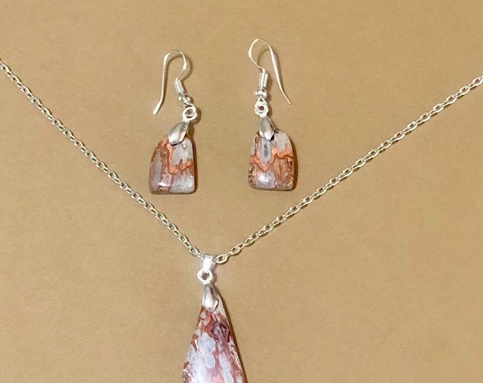 One of a Kind Polished Fossil Pine Cone Araucaria and Silver Jewelry Set - Pendant and Earrings