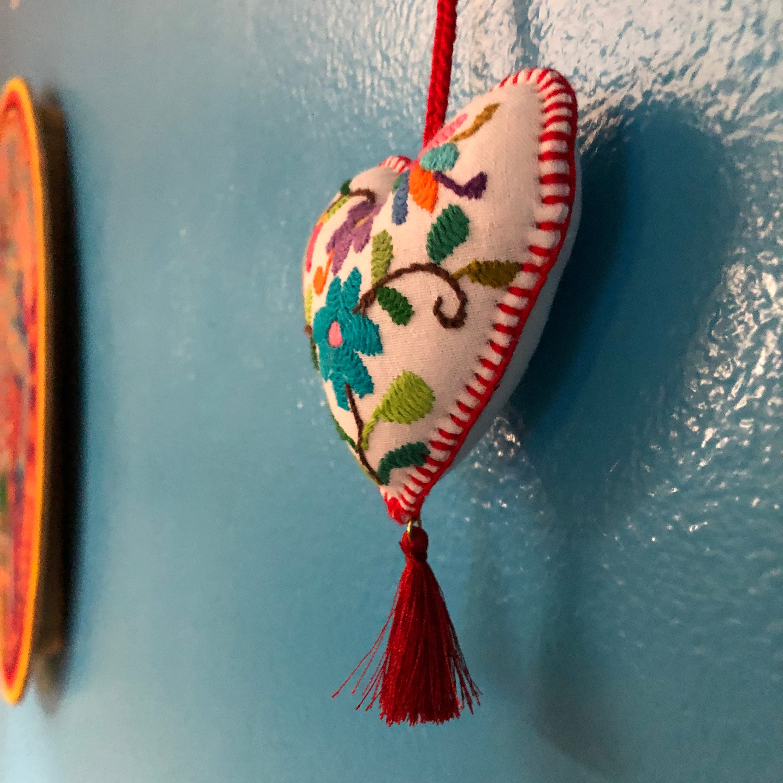 Hand embroidered Otomi heart ornament from Hidalgo, Mexico.