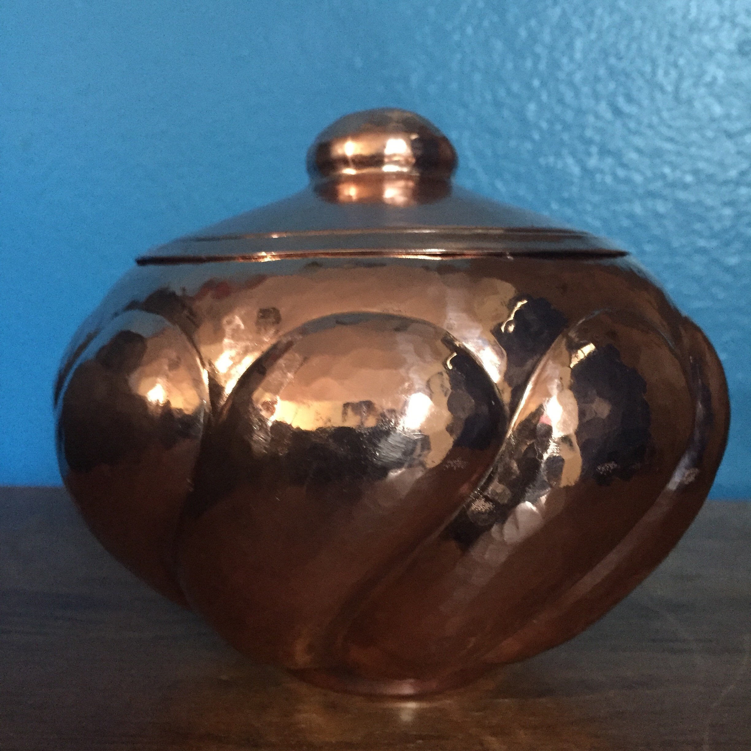 Hammered Copper Round Spiral Design Storage Container with Lid