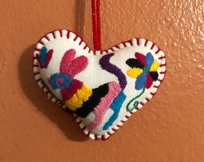 Hand embroidered Otomi heart ornament from Hidalgo, Mexico.