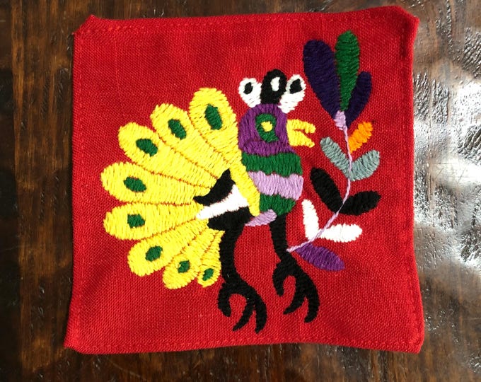 Otomi hand embroidered muslin coaster/cocktail napkin/frame-able art with multicolor bird design approx.  (4.5” x 4.5”)