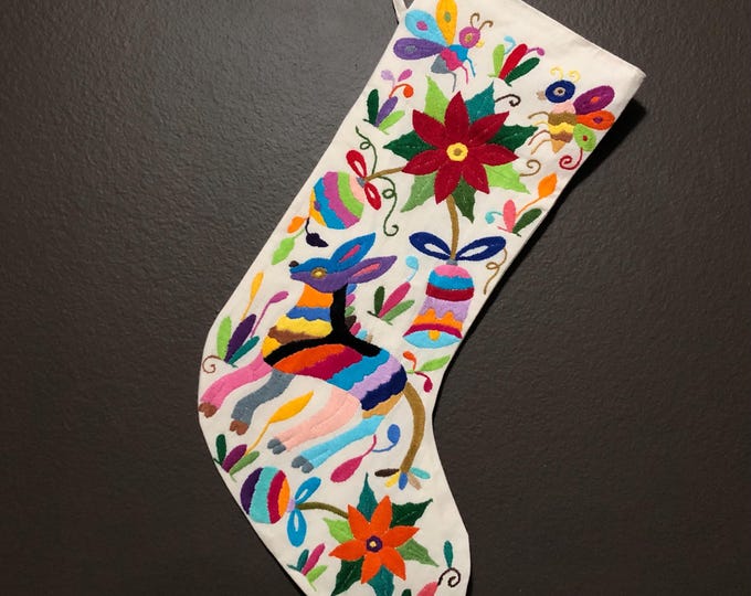 Hand Embroidered Otomi Large Christmas Stocking with Multicolor Embroidery from Hidalgo, Mexico (Off-White Cotton)