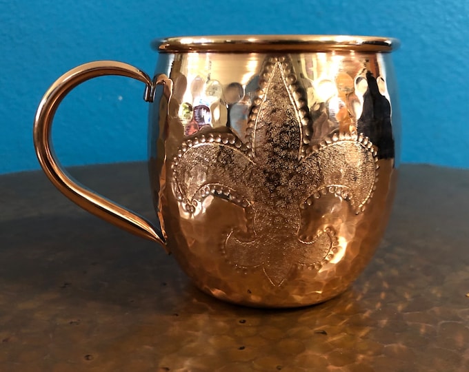 16oz Moscow Mule Hammered Copper Barrel Mug with Fleur de Lis logo
