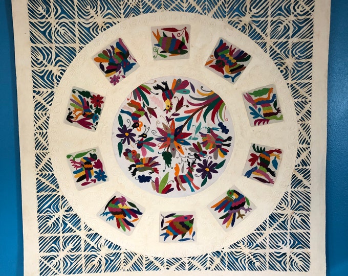 Amate Paper Wall Art with Otomí Hand Embroidered Multicolor Animals and Flowers by Andrés de la Loma (Pahuatlán Puebla Mexico) - 39” x 39”