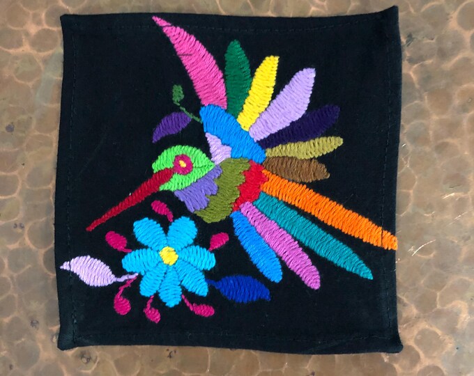 Otomi hand embroidered muslin coaster/cocktail napkin/frame-able art with multicolor bird design approx.  (4.5” x 4.5”)