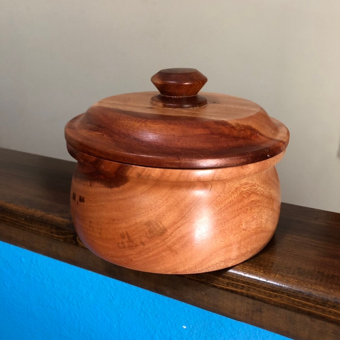 Hand carved wood serving bowl with lid made of Guamuchil wood from Mexico