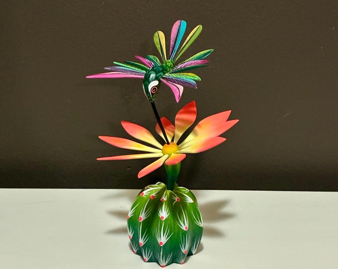 Handcrafted Alebrije Flowering Cactus with Hummingbird Woodcarving from Oaxaca, Mexico